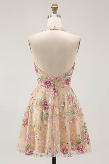 Sparkly Halter Floral Champagne A Line Halter Sequins Homecoming Dress